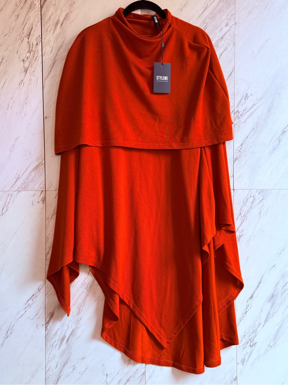NWT Stylewe Burnt Orange Knit Layered Lagenlook Asymmetrical Cape Poncho Wrap L